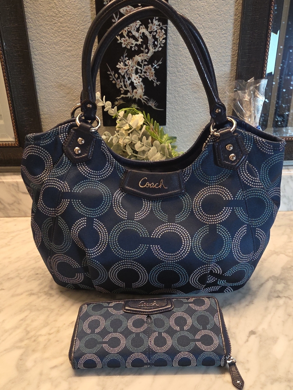 EUC 2013 Coach Op Art Dot Signature C's Tote with Matching Wallet